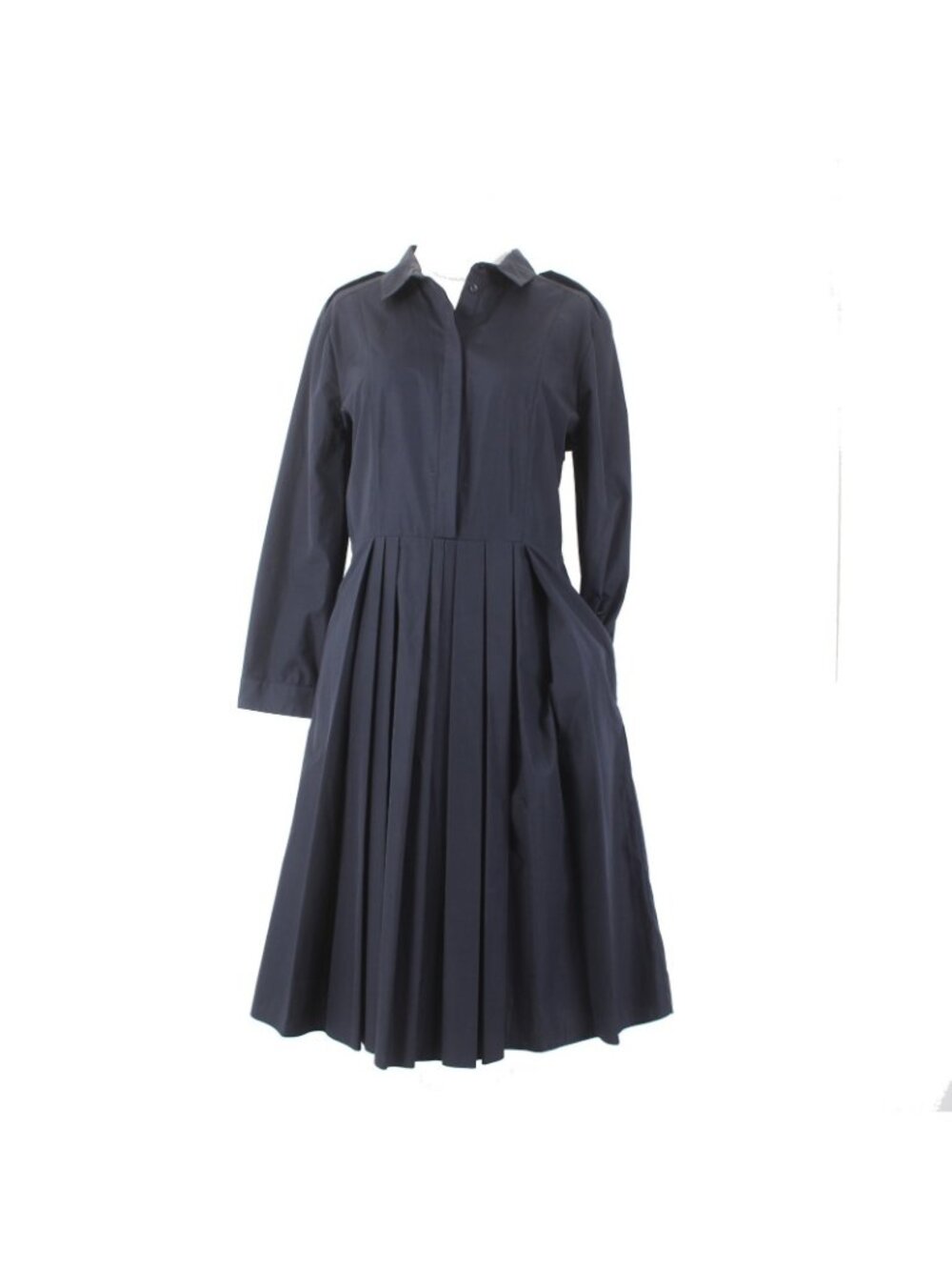 Burberry Dress Sz 12 Navy Blue Pockets Pleated Collared 100% Cotton Dress - Picture 2 of 16
